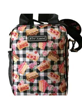 Betsey Johnson Black + White Check Cake Slices Double Strap Lunch Tote B…